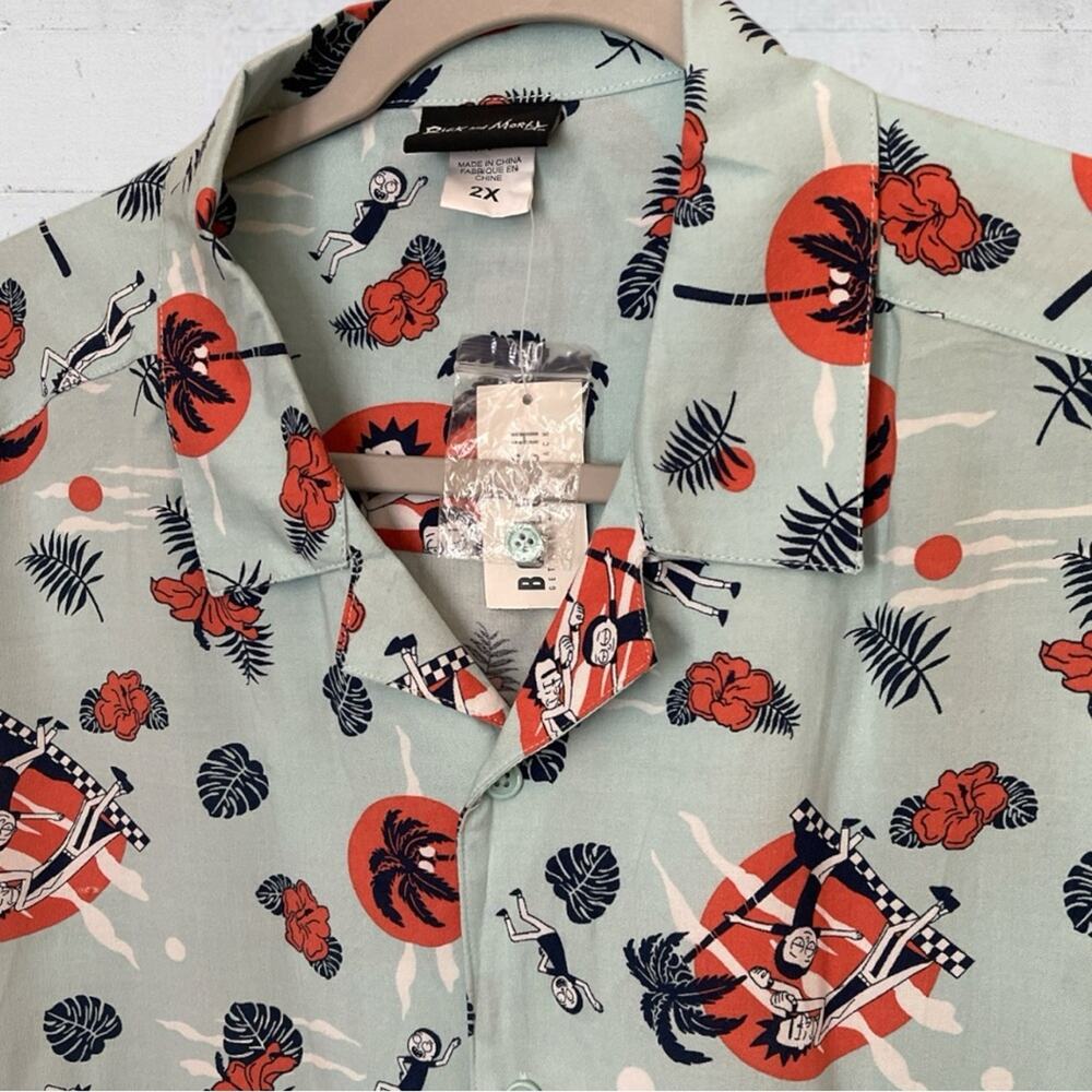 NWT Rick And Morty Ripple Junction Adult Swim Hawaiian Tropical Button Shirt 2X